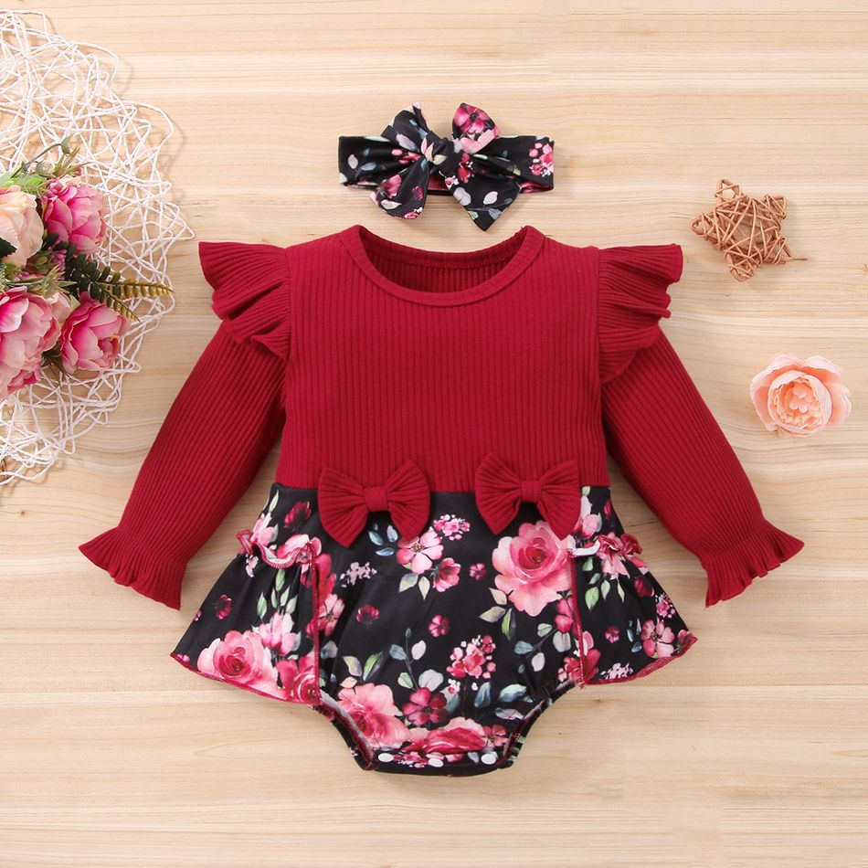2pcs Baby Girl Red Ribbed Ruffle Long-sleeve Splicing Floral Print Skirted Romper Set Burgundy