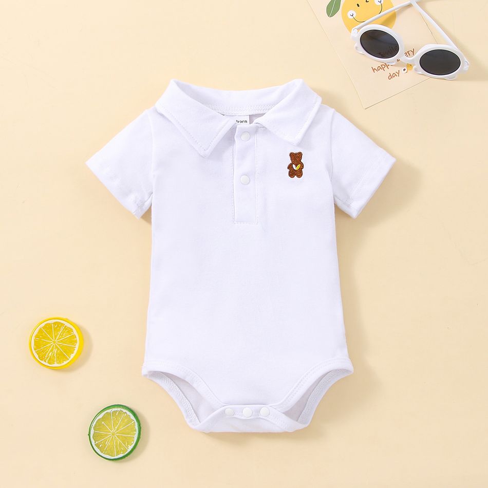 100% Cotton Baby Boy Cartoon Bear Embroidered Polo Collar Short-sleeve Romper White big image 2