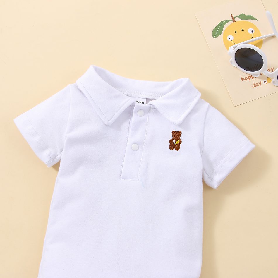 100% Cotton Baby Boy Cartoon Bear Embroidered Polo Collar Short-sleeve Romper White big image 3