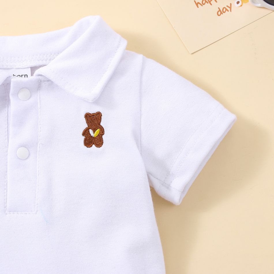 100% Cotton Baby Boy Cartoon Bear Embroidered Polo Collar Short-sleeve Romper White big image 4