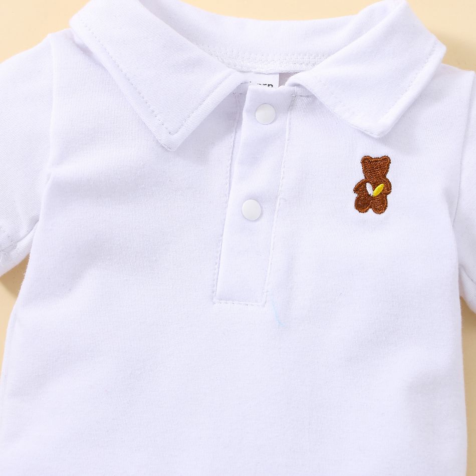 100% Cotton Baby Boy Cartoon Bear Embroidered Polo Collar Short-sleeve Romper White big image 5