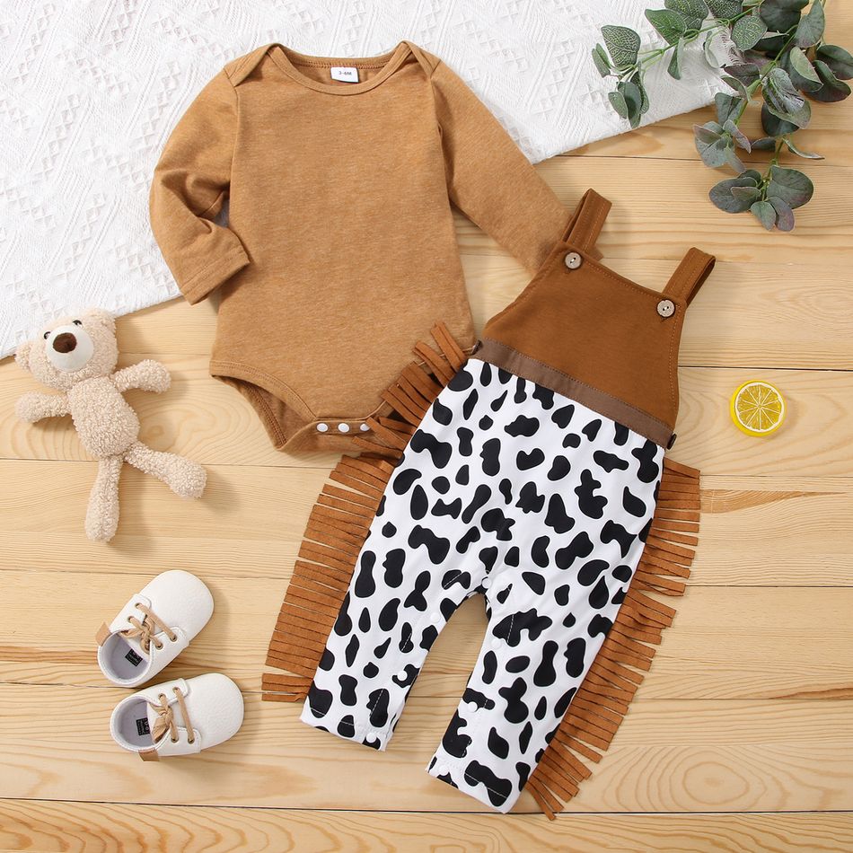 100% Cotton 2pcs Baby Girl Solid Long-sleeve Romper and Cow Print Ruffle Jumpsuit Set Multi-color