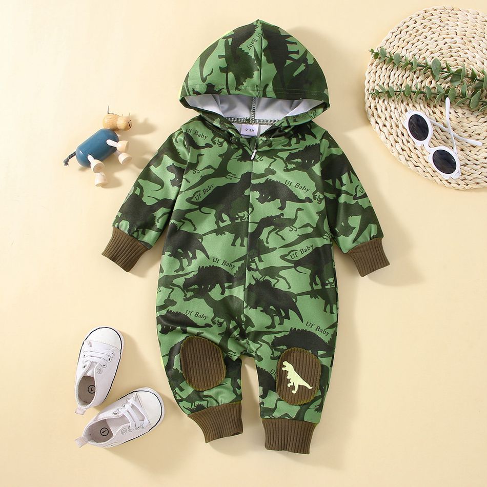 Baby Boy All Over Dinosaur and Letter Print Long-sleeve Hooded Zip Jumpsuit Army green