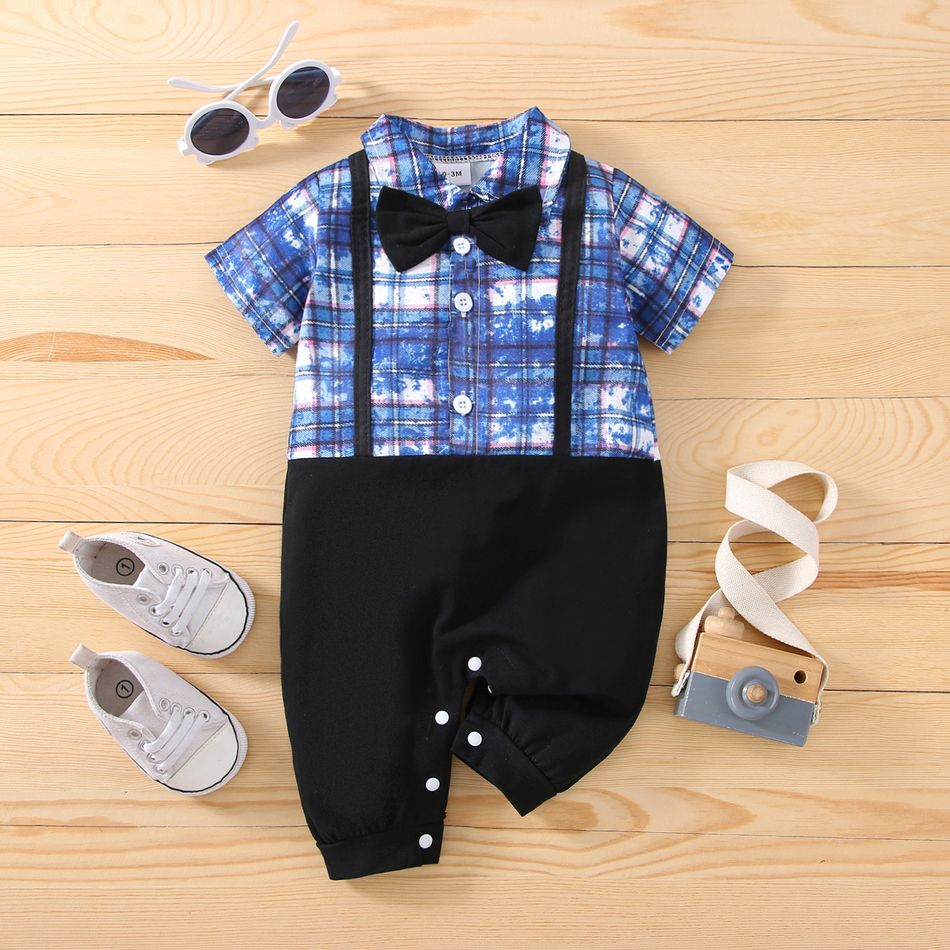100% Cotton Baby Boy Tie Dye Plaid Short-sleeve Faux-two Gentleman Bow Tie Jumpsuit Multi-color