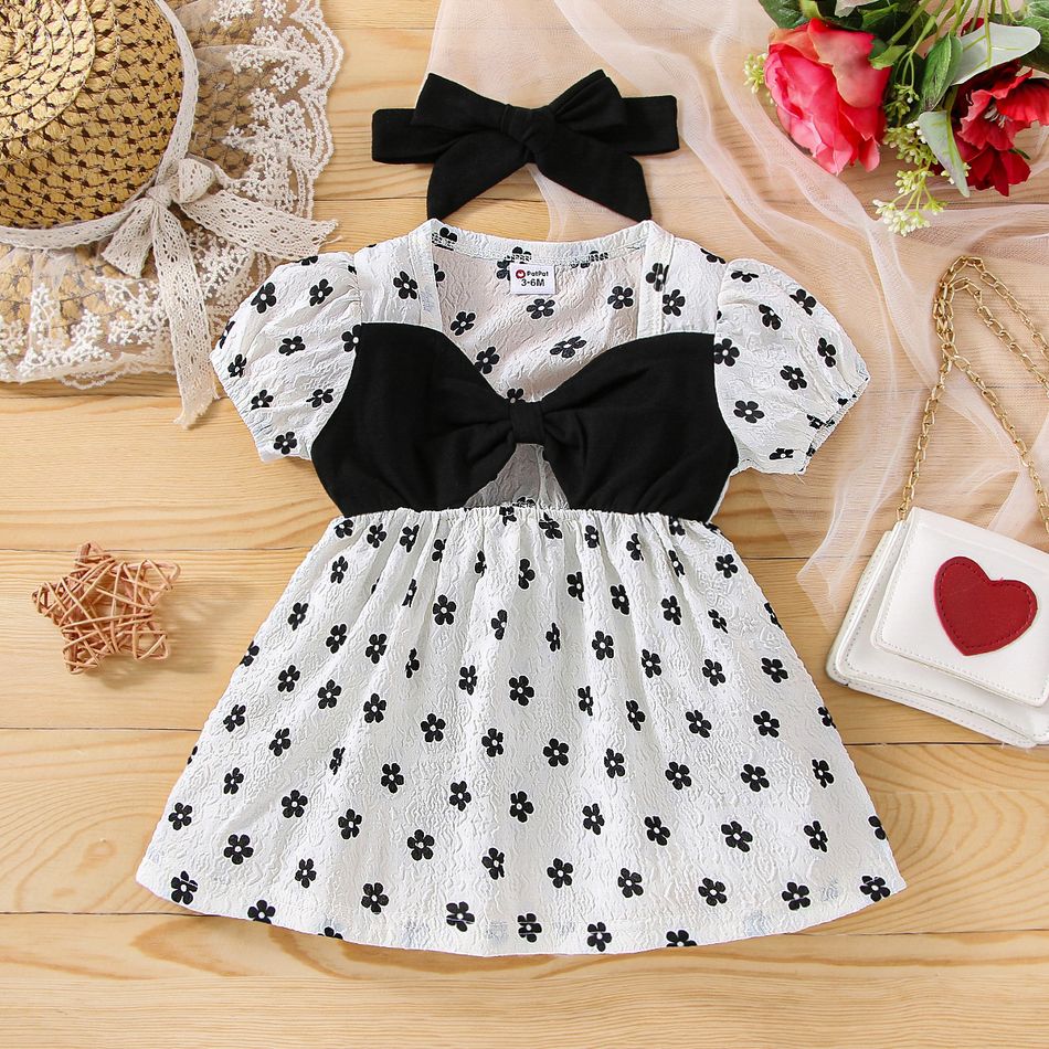 100% Cotton 2pcs Baby Girl Allover Floral Print Puff-sleeve Bow Front Cut Out Textured Dress with Headband Set BlackandWhite