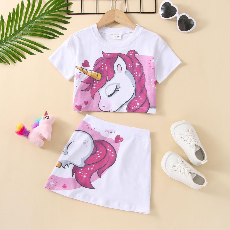 2pcs Toddler Girl 100% Cotton Unicorn Print Short-sleeve Tee and Skirt Set White