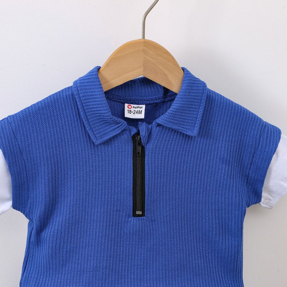 2pcs Toddler Boy Trendy Faux-two Zipper Lapel Collar Waffle Tee and Shorts Set Deep Blue big image 4