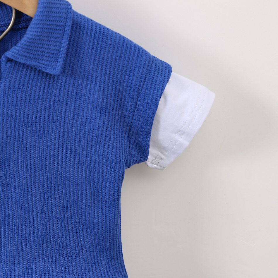 2pcs Toddler Boy Trendy Faux-two Zipper Lapel Collar Waffle Tee and Shorts Set Deep Blue big image 5