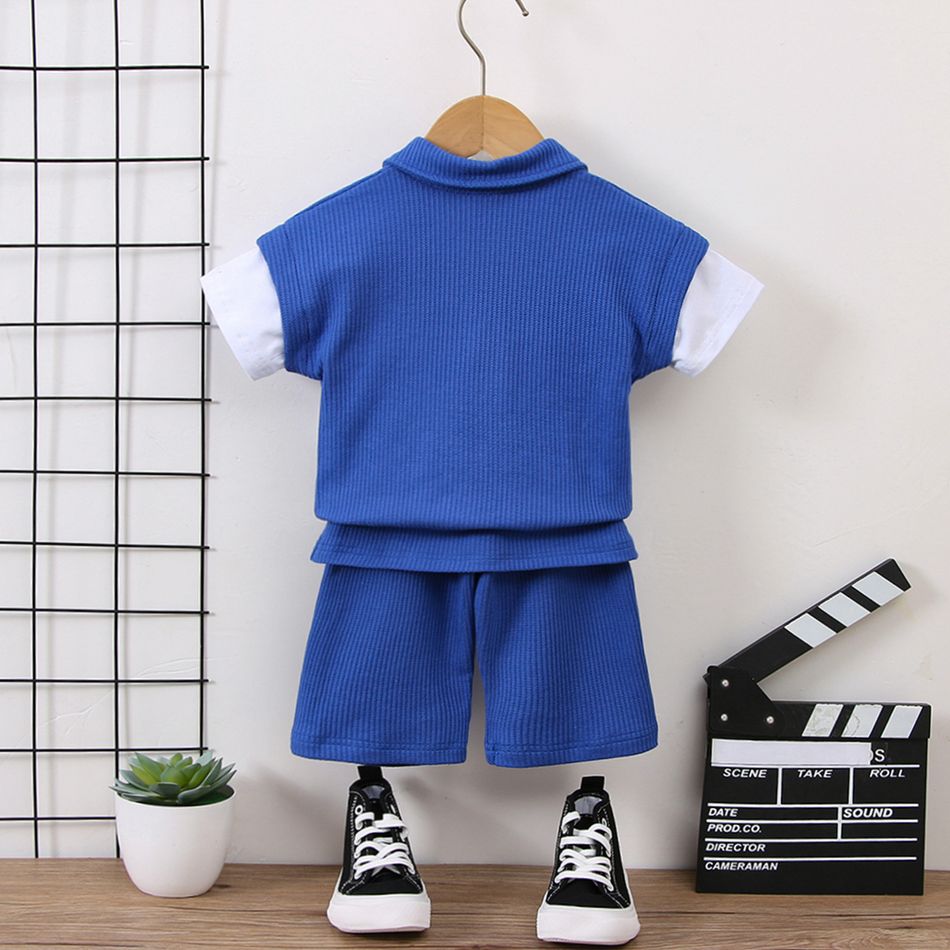 2pcs Toddler Boy Trendy Faux-two Zipper Lapel Collar Waffle Tee and Shorts Set Deep Blue big image 3