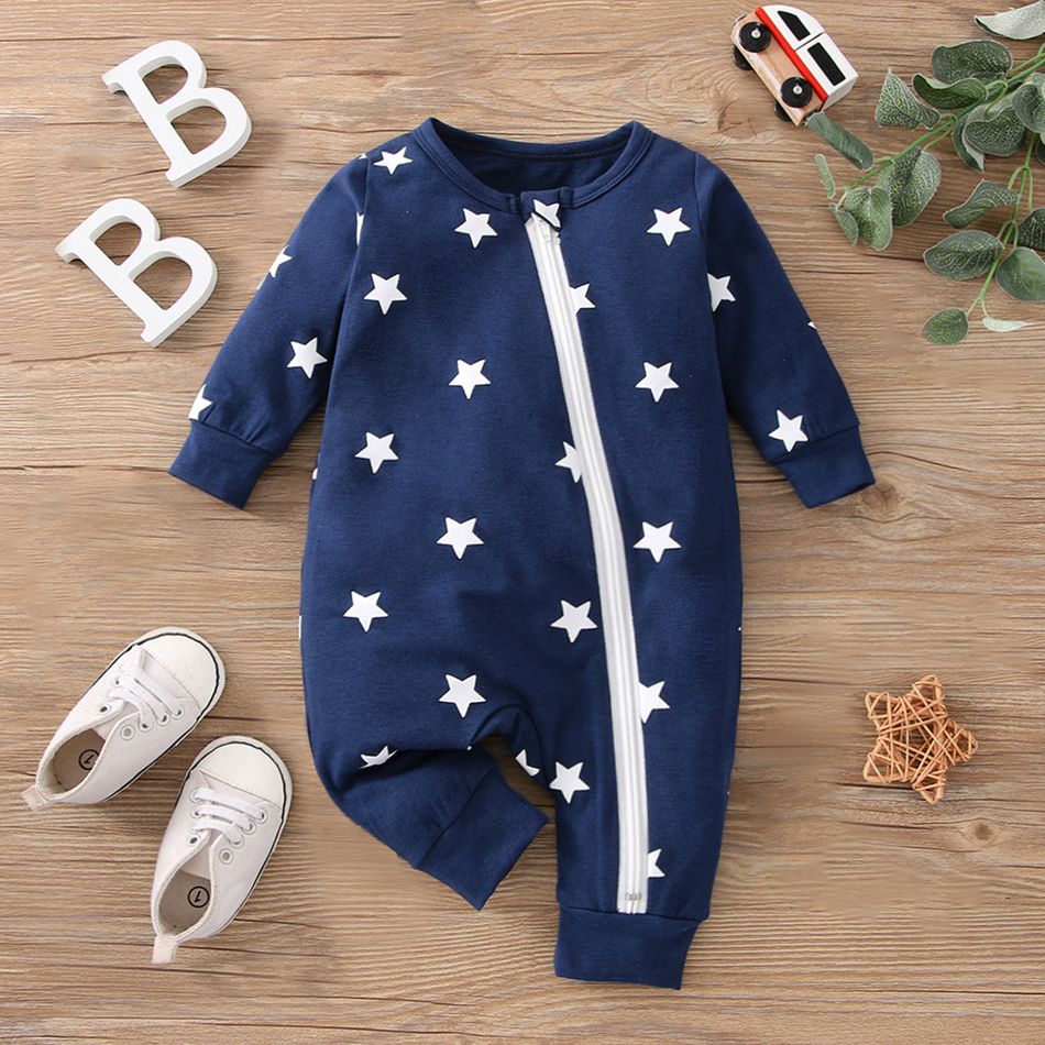 2-Pack Baby Boy 95% Cotton Long-sleeve Striped and Allover Stars Print Jumpsuits Set Blue big image 2