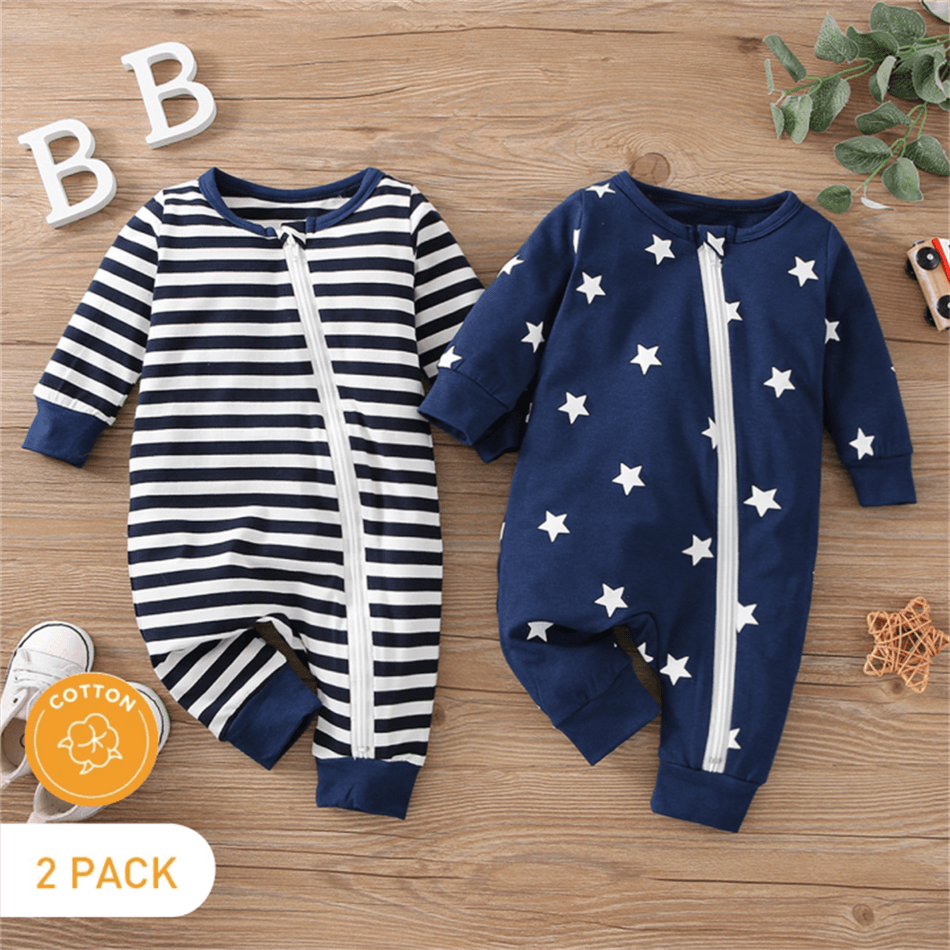 2-Pack Baby Boy 95% Cotton Long-sleeve Striped and Allover Stars Print Jumpsuits Set Blue big image 1