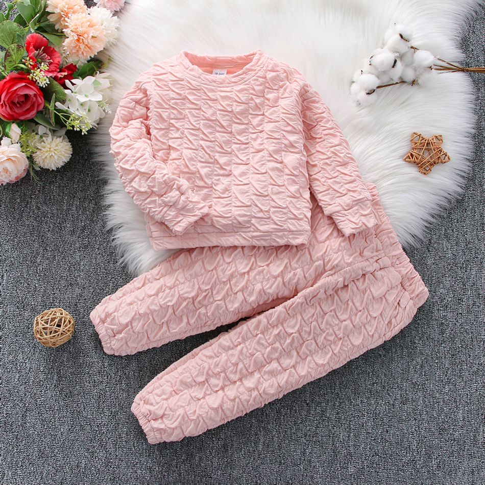 2pcs Toddler Girl Textured Back Bowknot Design Pink Sweatshirt anf Elasticized Pants Set Pink big image 1