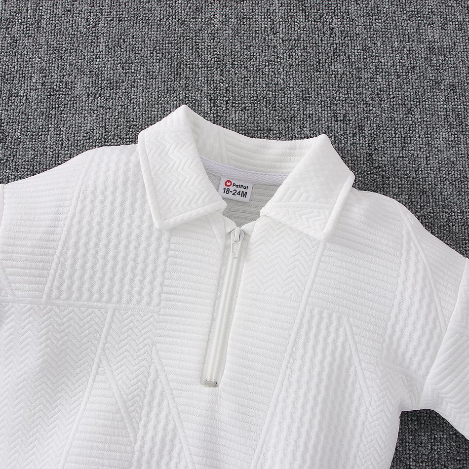 2pcs Toddler Boy Lapel Collar Zipper Design Textured Sweatshirt and Black Pants Set White big image 3