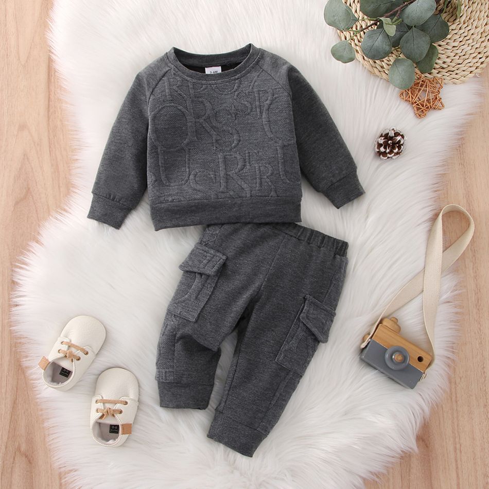 2pcs Baby Boy Dark Grey Textured Spliced Long-sleeve Sweatshirt and Sweatpants Set Dark Grey big image 1