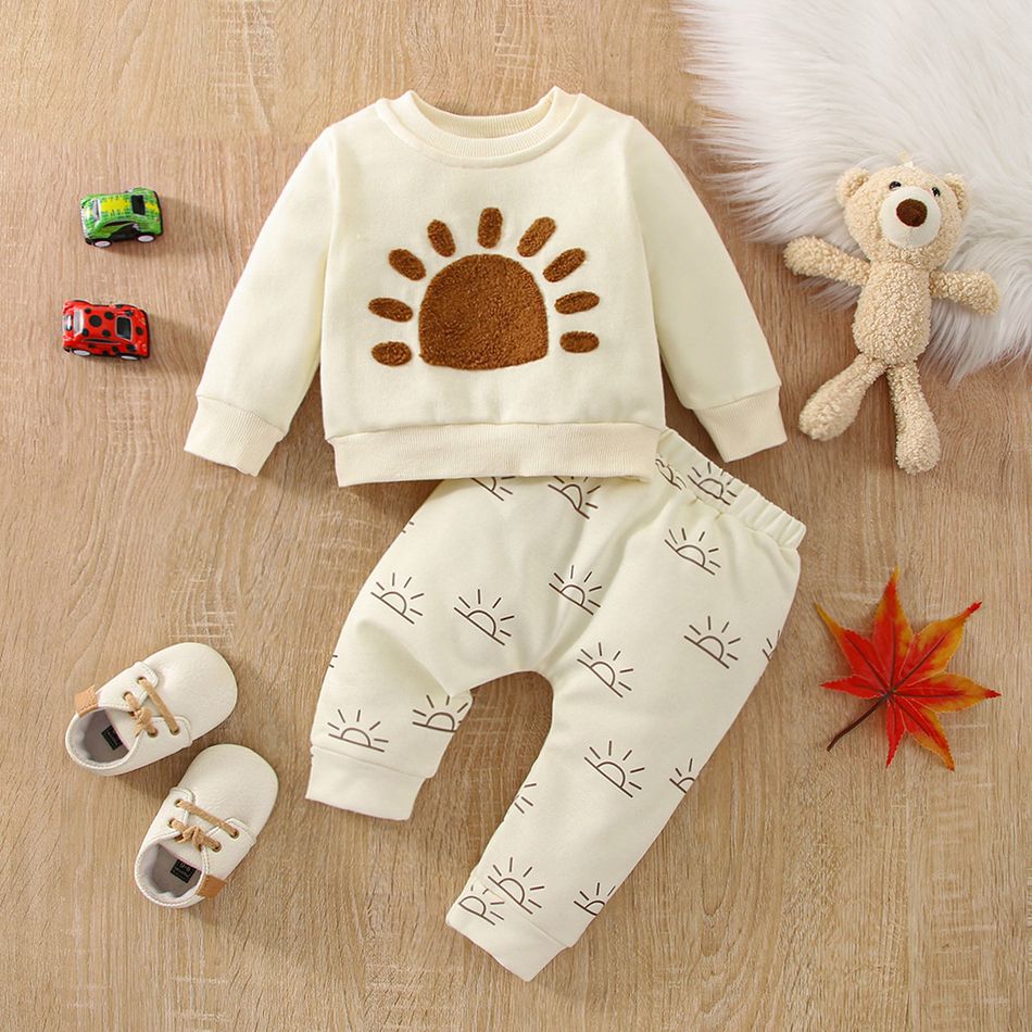 2pcs Baby Boy/Girl Long-sleeve Sun Graphic Pullover and Pants Set Apricot big image 1