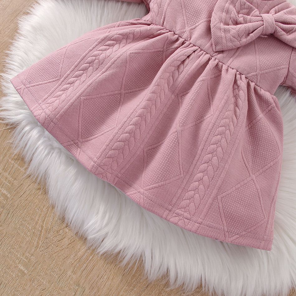 2pcs Baby Girl Solid Textured Thickened Long-sleeve Mock Neck Bow Front Dress with Headband Set Pink big image 6