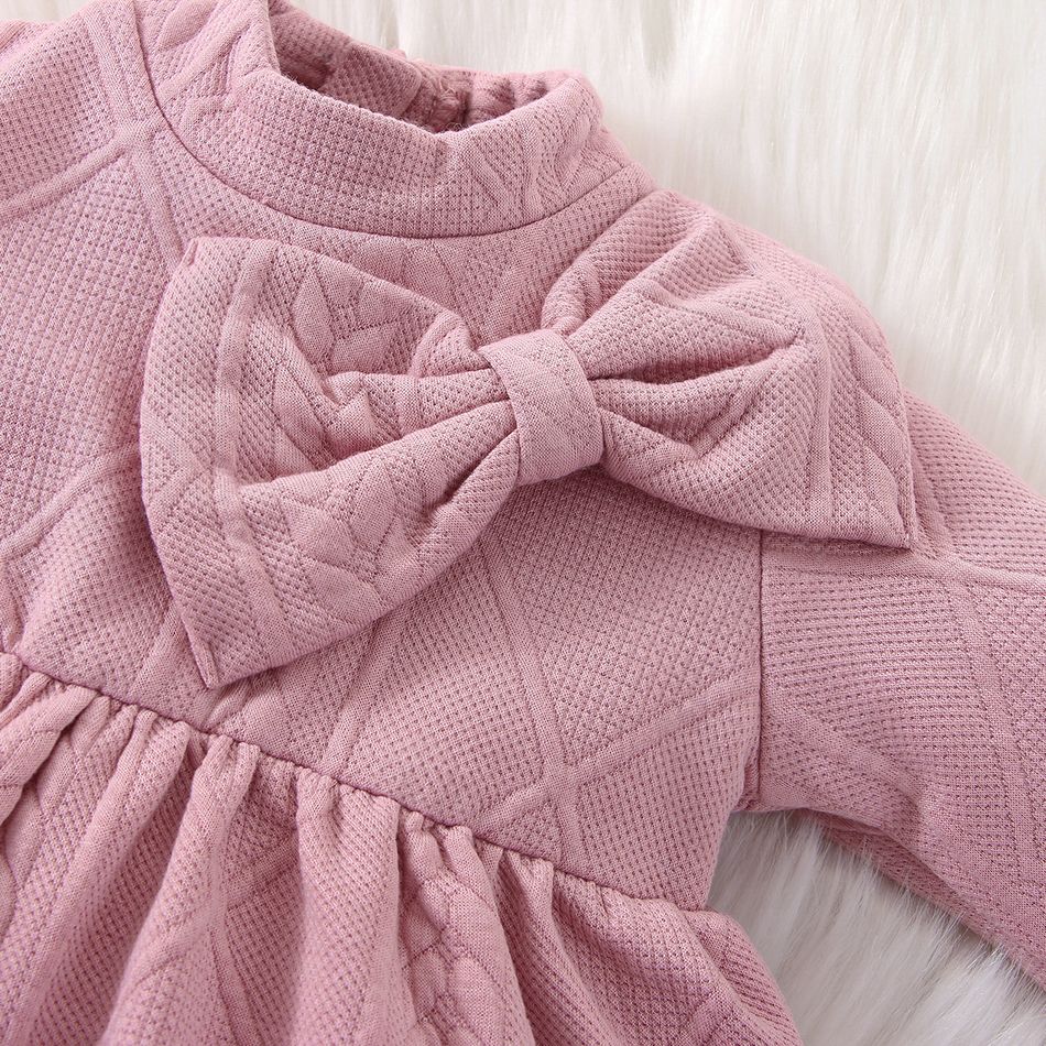 2pcs Baby Girl Solid Textured Thickened Long-sleeve Mock Neck Bow Front Dress with Headband Set Pink big image 4