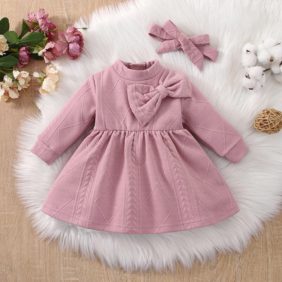 2pcs Baby Girl Solid Textured Thickened Long-sleeve Mock Neck Bow Front Dress with Headband Set Pink big image 1