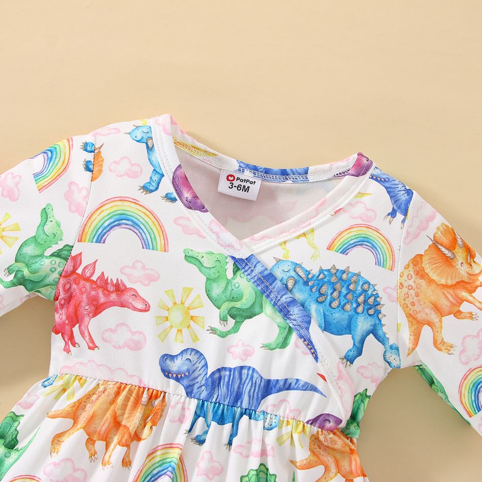 2pcs Baby Girl Allover Colorful Dinosaur Print Long-sleeve Jumpsuit with Headband Set Multi-color big image 3