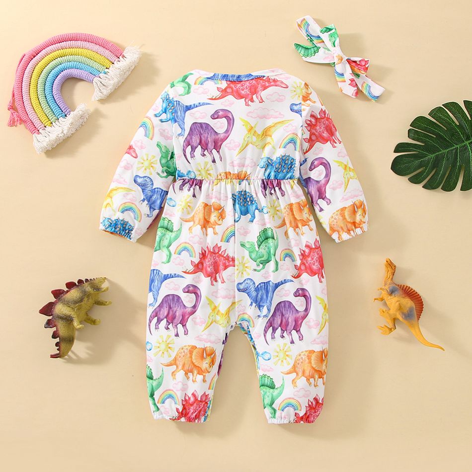 2pcs Baby Girl Allover Colorful Dinosaur Print Long-sleeve Jumpsuit with Headband Set Multi-color big image 2