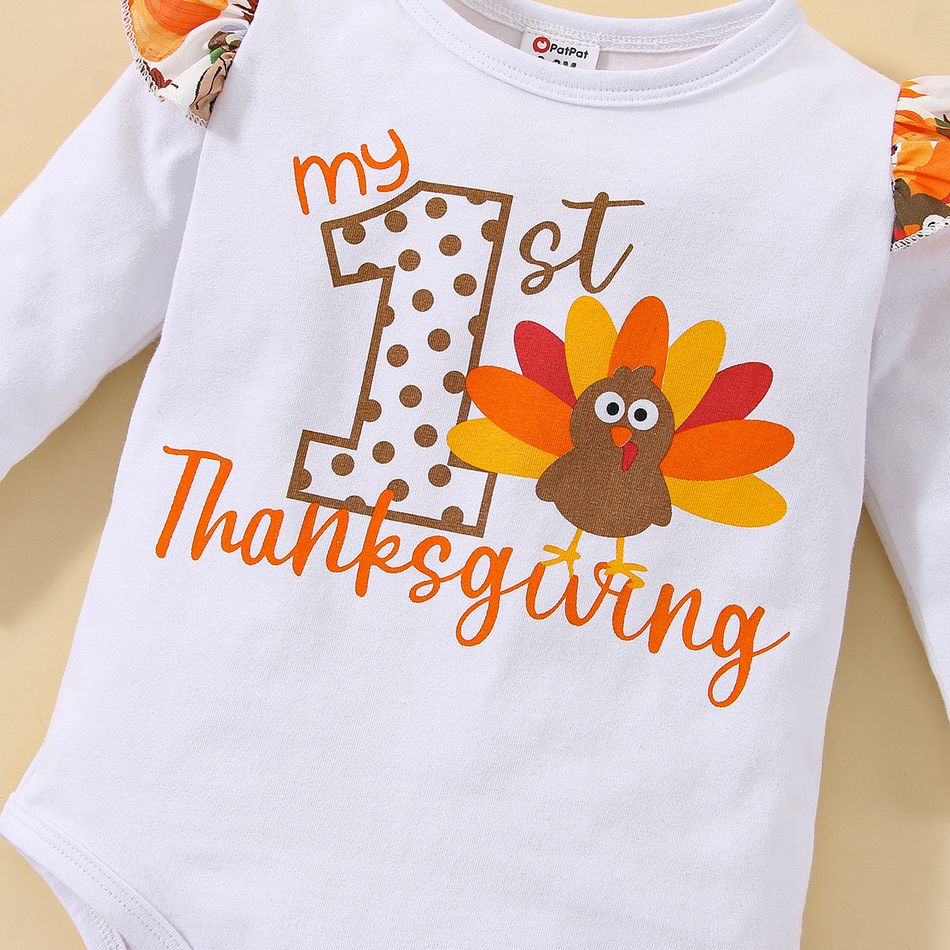 Thanksgiving Day 3pcs Baby Girl 95% Cotton Ruffle Long-sleeve Turkey & Letter Print Romper and Flared Pants with Headband Set OffWhite big image 5