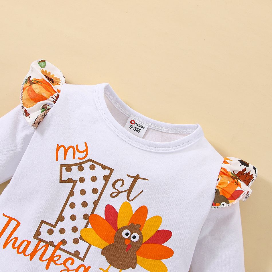 Thanksgiving Day 3pcs Baby Girl 95% Cotton Ruffle Long-sleeve Turkey & Letter Print Romper and Flared Pants with Headband Set OffWhite big image 3