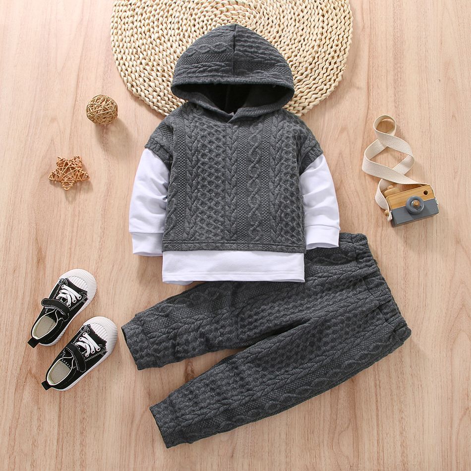 2pcs Toddler Boy Trendy Faux-two Textured Hoodie Sweatshirt and Pants Set Dark Grey big image 1