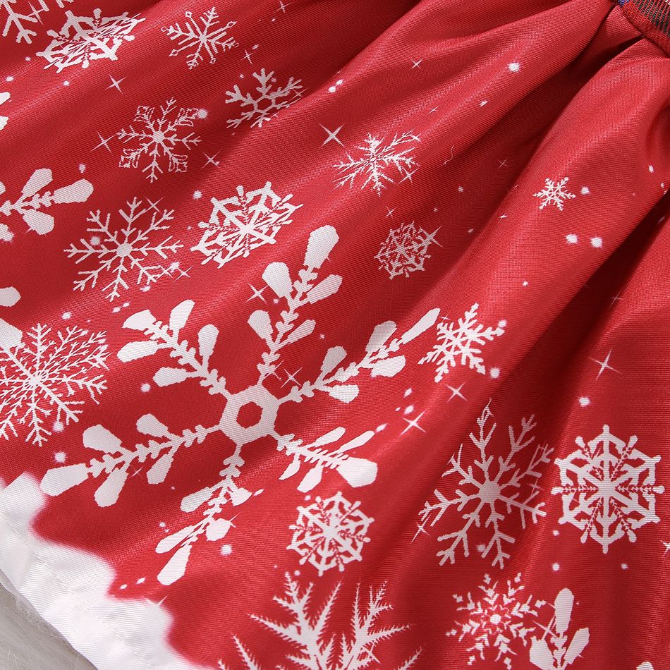 عيد الميلاد 2 قطعة طفلة حمراء منقوشة كشكش طويلة الأكمام تقسم ندفة الثلج طباعة القوس فستان أمامي مع مجموعة عقال أحمر
