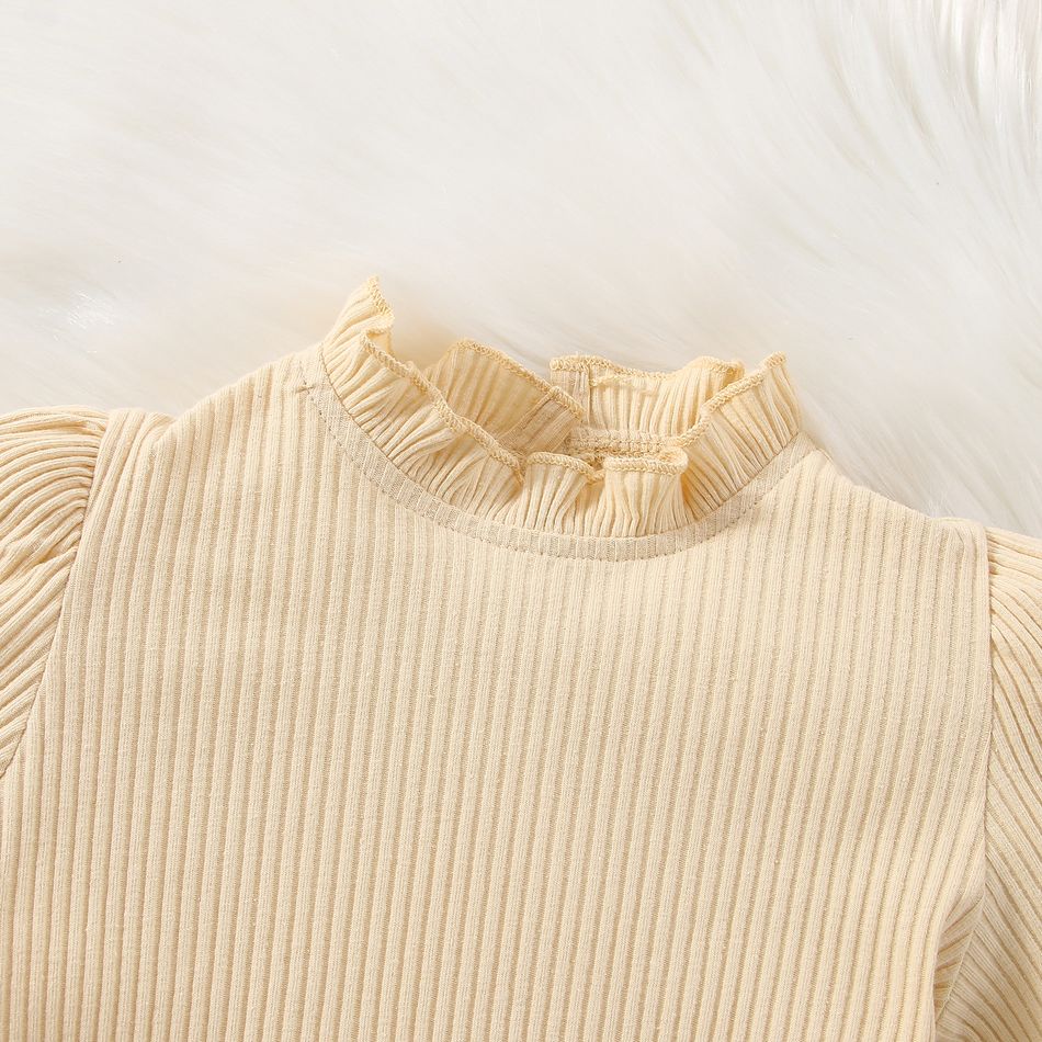 2pcs Toddler Girl Sweet Ruffle Collar Ribbed Cotton Tee and Ruffled Plaid Skirt Set Creamcolored big image 4