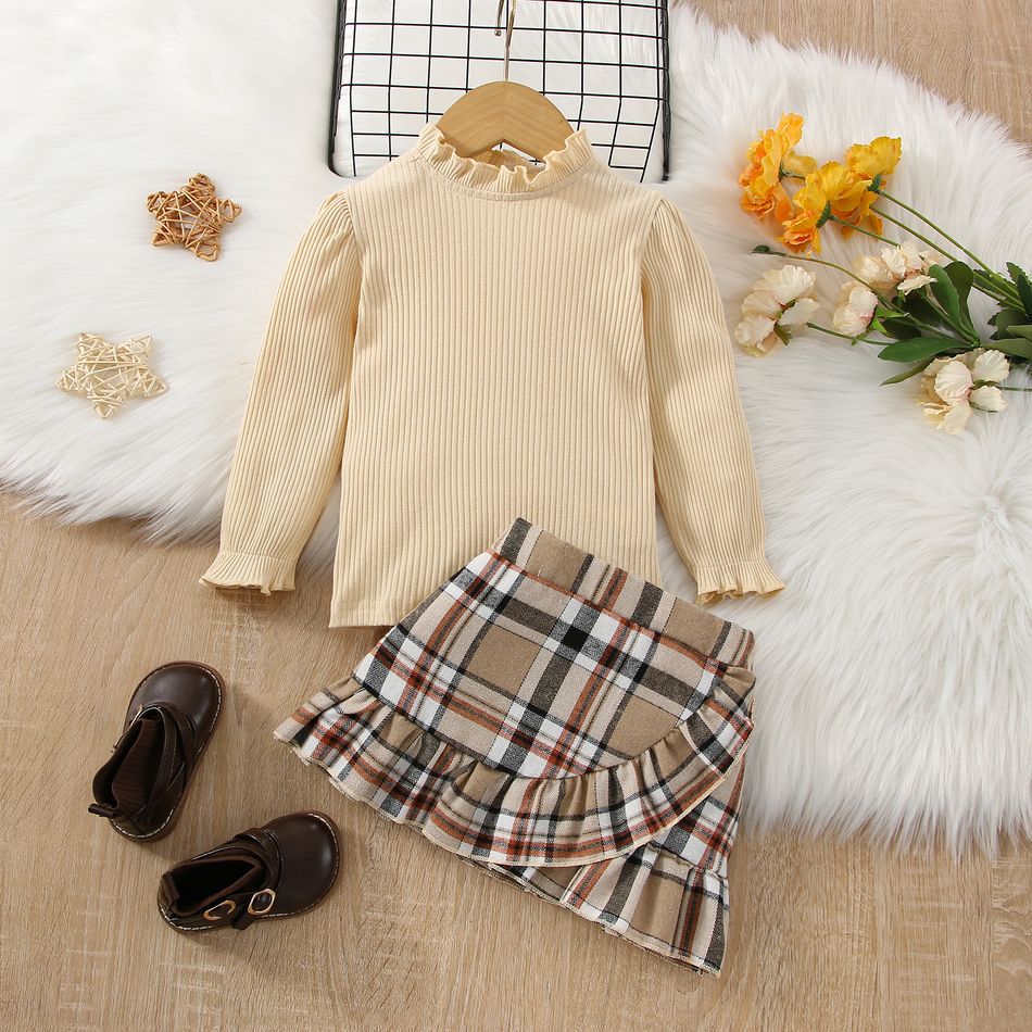 2pcs Toddler Girl Sweet Ruffle Collar Ribbed Cotton Tee and Ruffled Plaid Skirt Set Creamcolored big image 2
