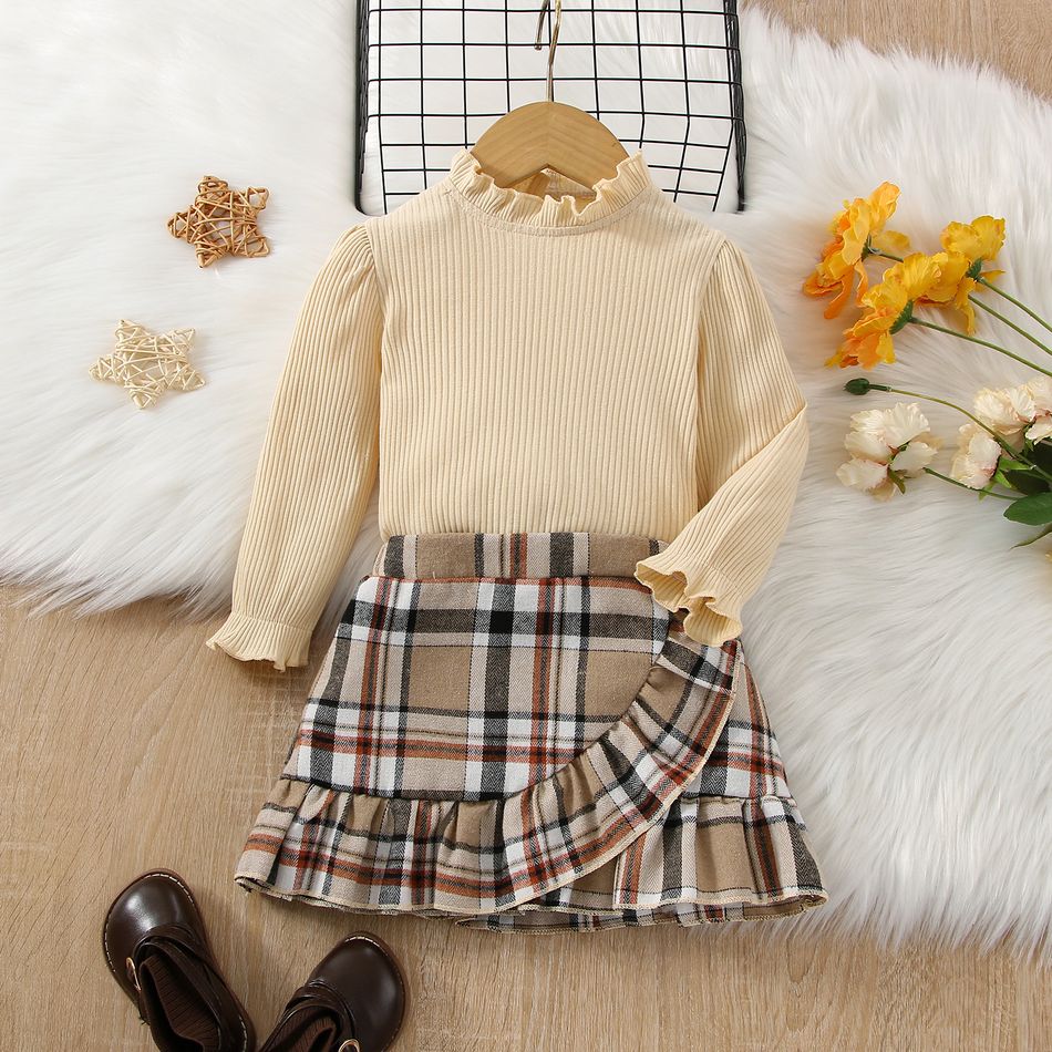 2pcs Toddler Girl Sweet Ruffle Collar Ribbed Cotton Tee and Ruffled Plaid Skirt Set Creamcolored