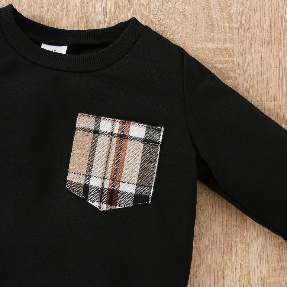 2pcs Toddler Boy Classic Pocket Design Sweatshirt and Plaid Pants Set Black big image 4