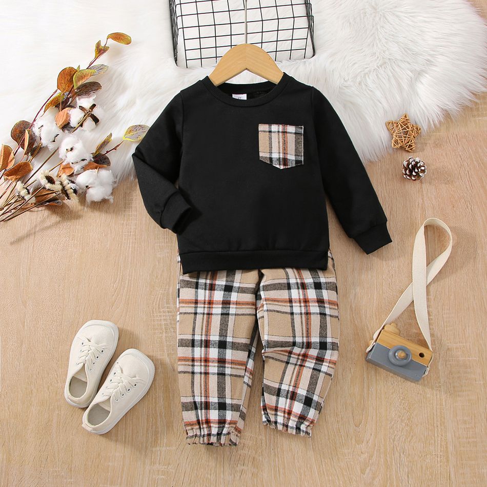 2pcs Toddler Boy Classic Pocket Design Sweatshirt and Plaid Pants Set Black big image 9