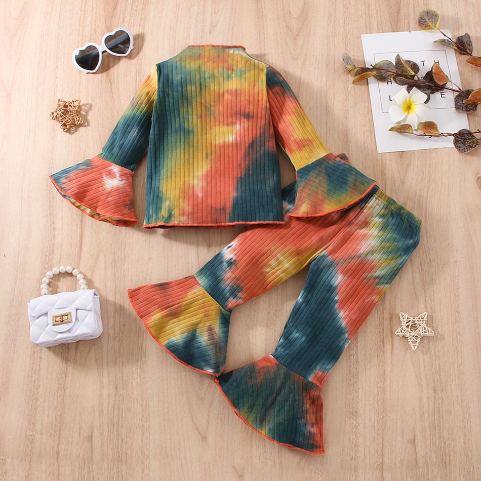 2pcs Toddler Girl Sweet Mock Neck Tie Dyed Tee and Flared Pants Set Multi-color big image 1