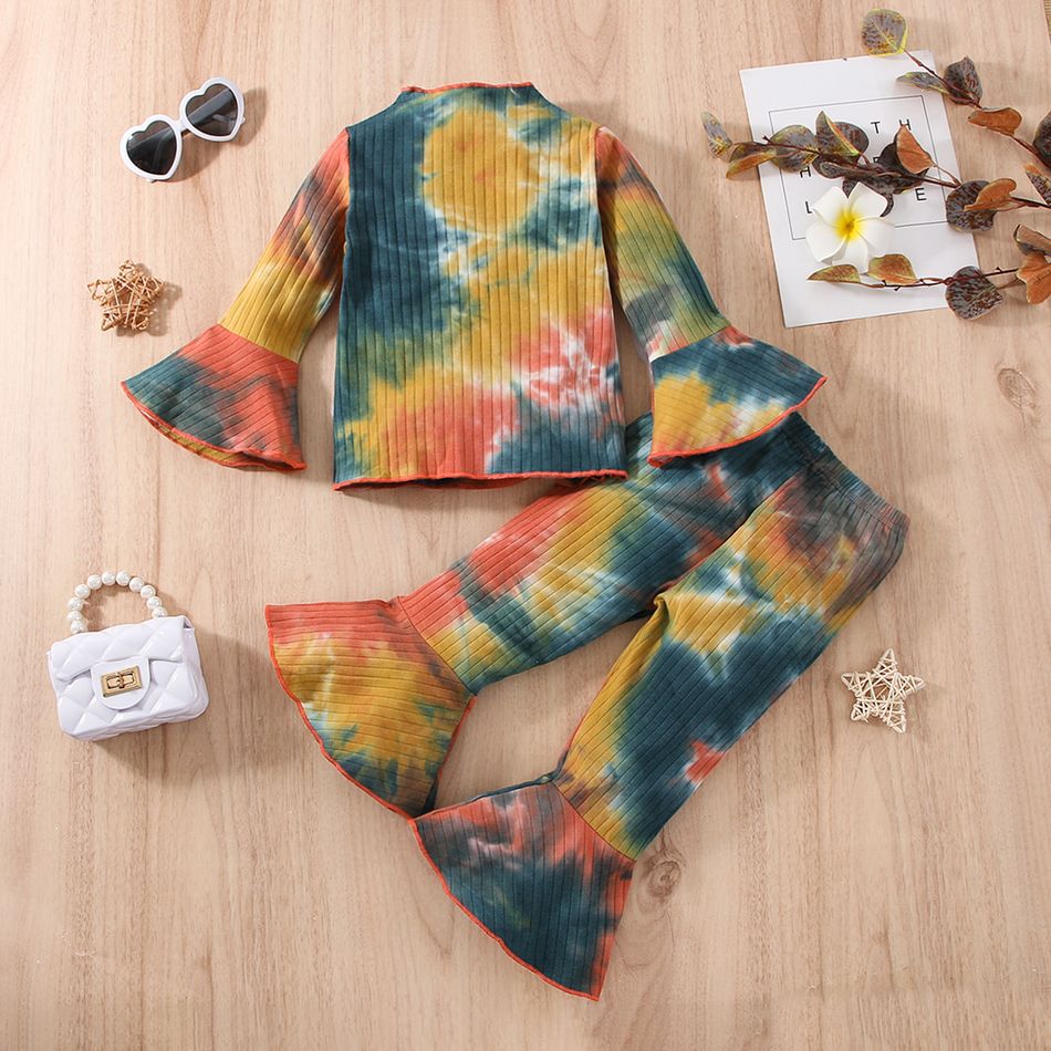 2pcs Toddler Girl Sweet Mock Neck Tie Dyed Tee and Flared Pants Set Multi-color big image 2
