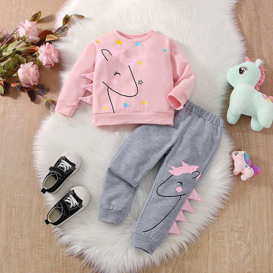 2pcs Toddler Girl Playful Unicorn Print Sweatshirt and Elasticized Pants Set Pink