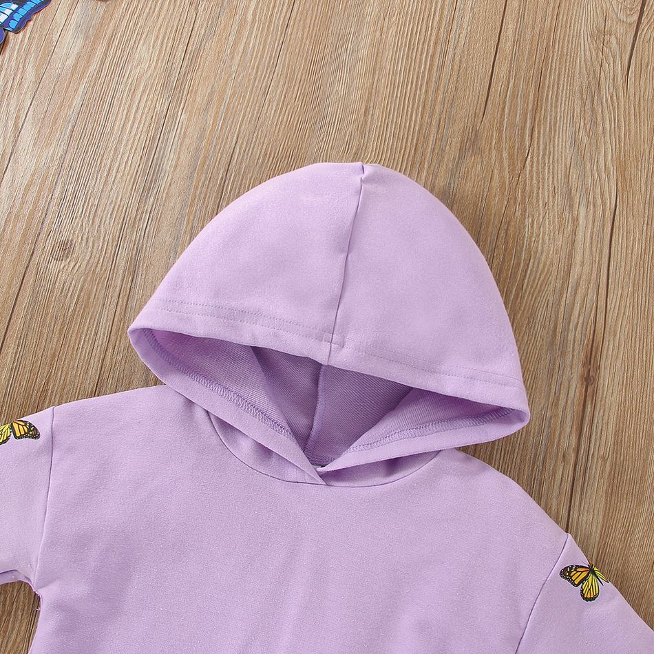 2pcs Toddler Girl Sweet Ripped Denim Jeans and Butterfly Print Hoodie Sweatshirt Set Purple big image 3