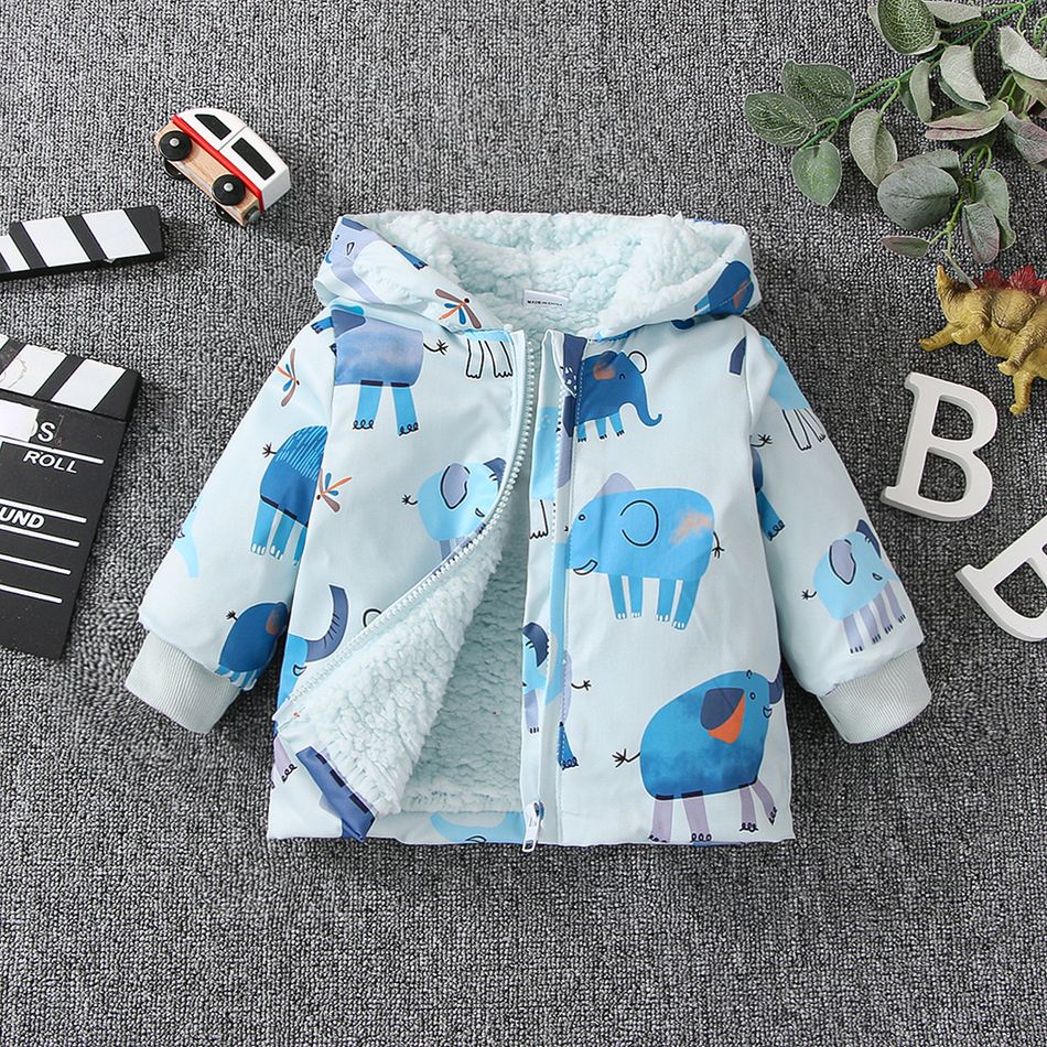 Baby Girl Allover Elephant Print Hooded Thermal Fleece Lined Coat Blue big image 2