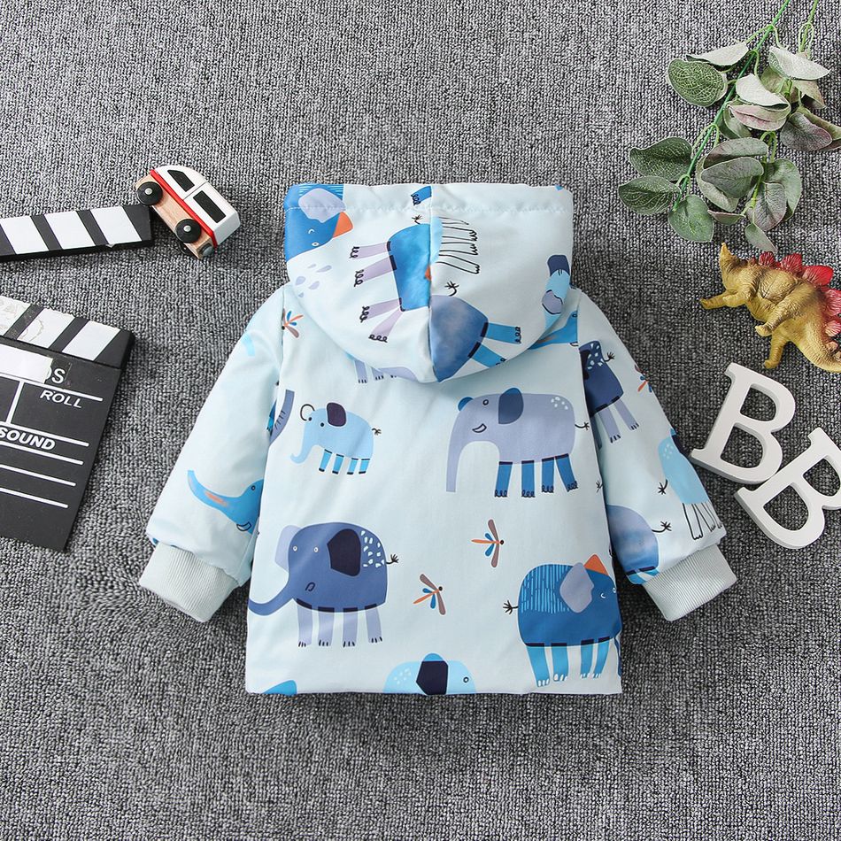 Baby Girl Allover Elephant Print Hooded Thermal Fleece Lined Coat Blue big image 3