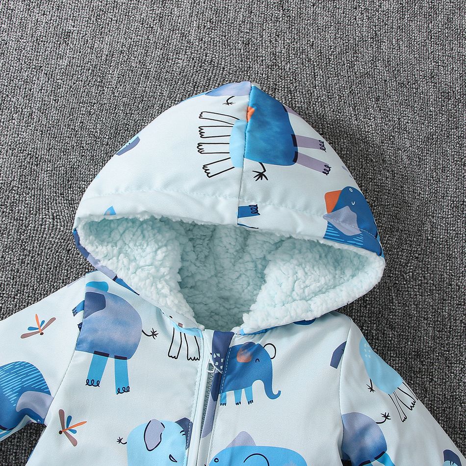 Baby Girl Allover Elephant Print Hooded Thermal Fleece Lined Coat Blue big image 4
