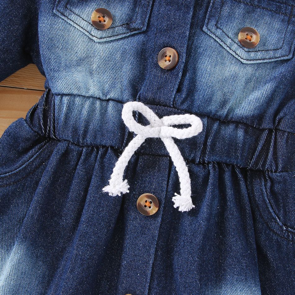 Baby Girl Button Front Blue Denim Long-sleeve Dress Blue big image 4