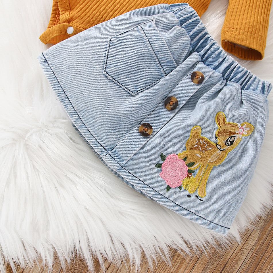 2pcs Baby Girl Solid Ruffle Trim Long-sleeve Ribbed Romper and Animal Embroidered Denim Skirt Set Ginger big image 7