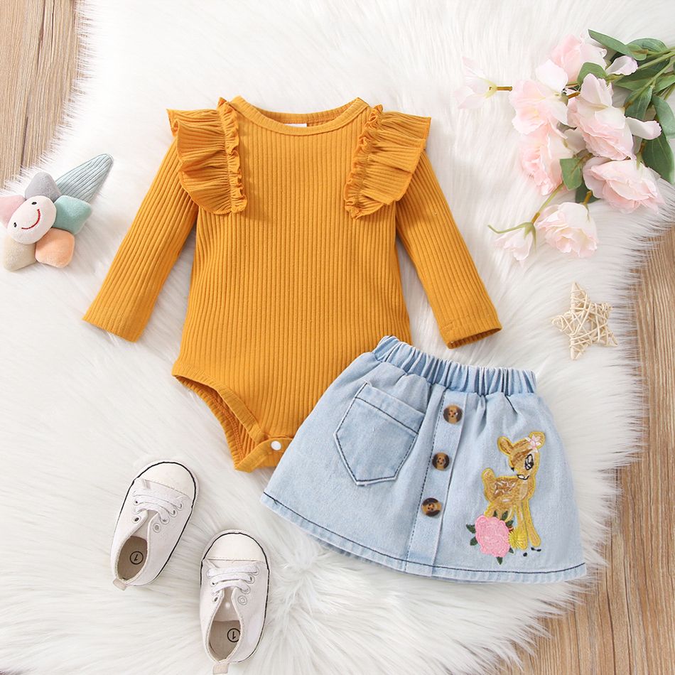 2pcs Baby Girl Solid Ruffle Trim Long-sleeve Ribbed Romper and Animal Embroidered Denim Skirt Set Ginger