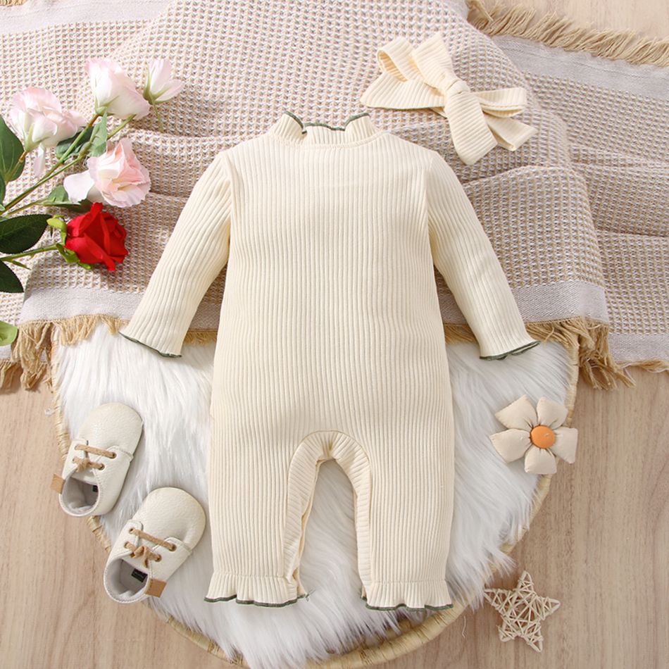 2pcs Baby Girl Floral Embroidered Ribbed Ruffle Trim Long-sleeve Jumpsuit with Headband Set OffWhite big image 2