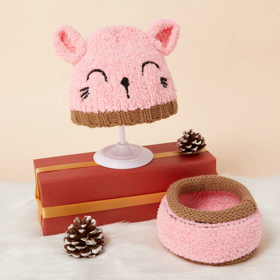2-teiliges Set aus gestrickter Mütze und Schal im Tierdesign für Babys und Kleinkinder rosa big image 1
