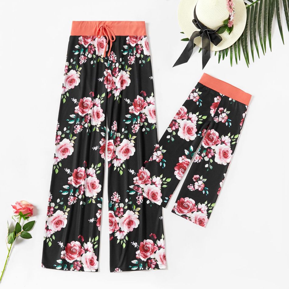 Floral Print Pattern Wide Leg Pants for Mom and Me Black