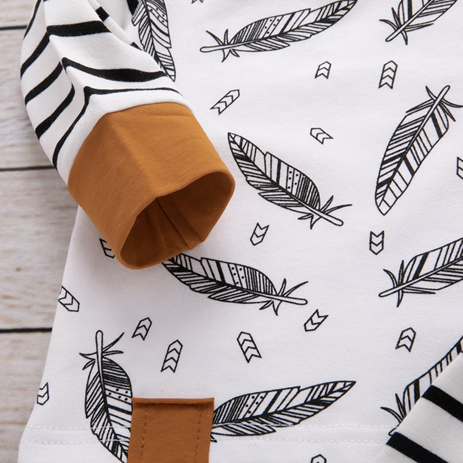 100% Cotton 3pcs Stripe and Feather Print Long-sleeve Baby Set Black/White big image 2