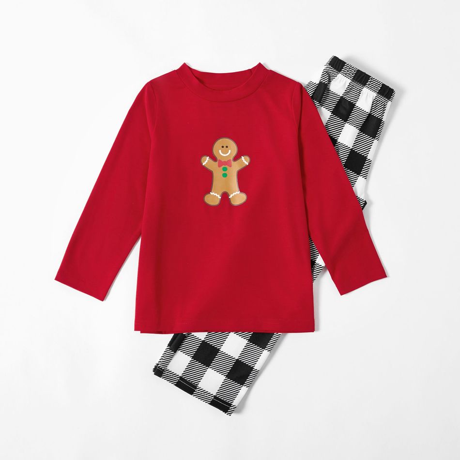 Family Matching Lovely Gingerbread Man Print Plaid Christmas Pajamas Sets (Flame Resistant) Red big image 4