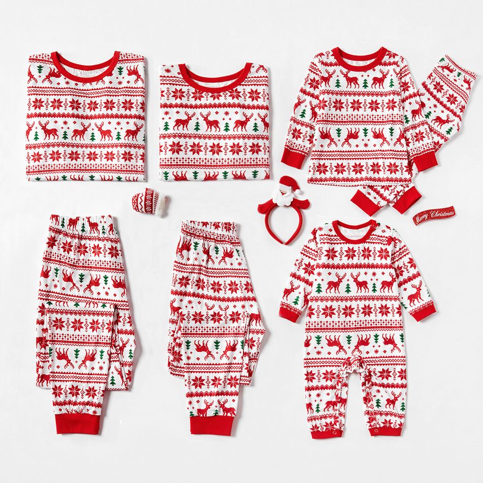 Christmas Reindeer and Snowflake Patterned Family Matching Pajamas Sets(Flame Resistant) Red/White big image 2
