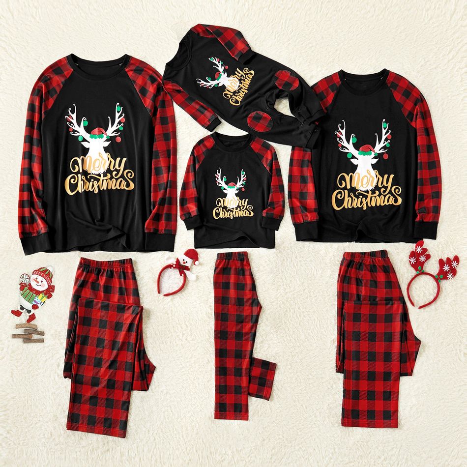 Merry Christmas Letter Antler Print Plaid Splice Matching Pajamas Sets for Family (Flame Resistant) Red big image 3
